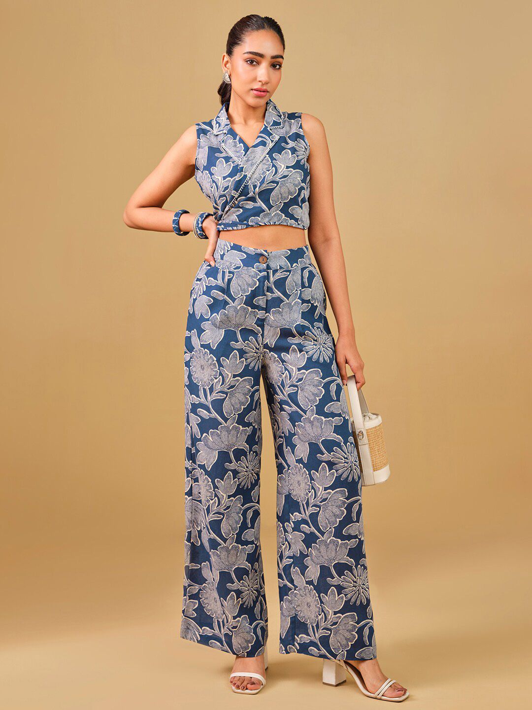 Global Desi Printed Lapel Collar Top & Palazzos