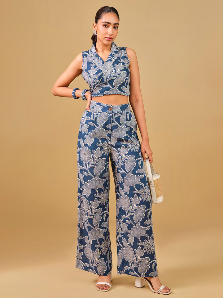 Global Desi Printed Lapel Collar Top & Palazzos