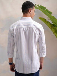 HIGHLANDER Classic White Slim Fit Vertical Striped Spread Collar Cotton Casual Shirt
