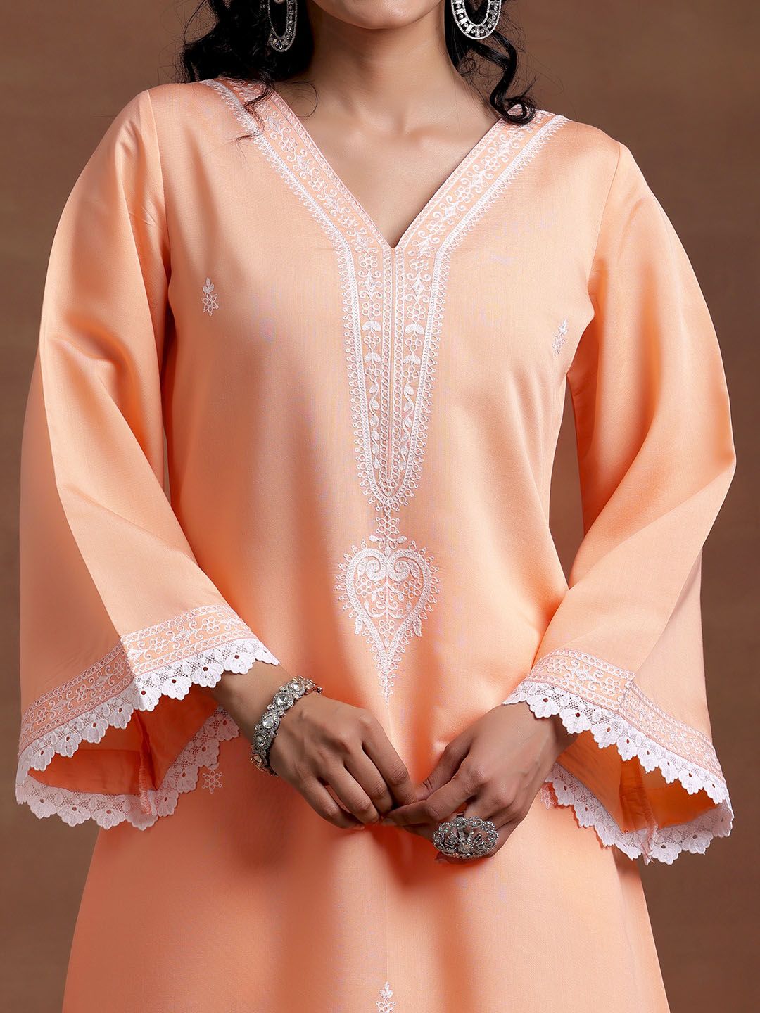 Libas V Neck Long Flared Sleeves Floral Embroidered A Line Kurta with Palazzo & Dupatta