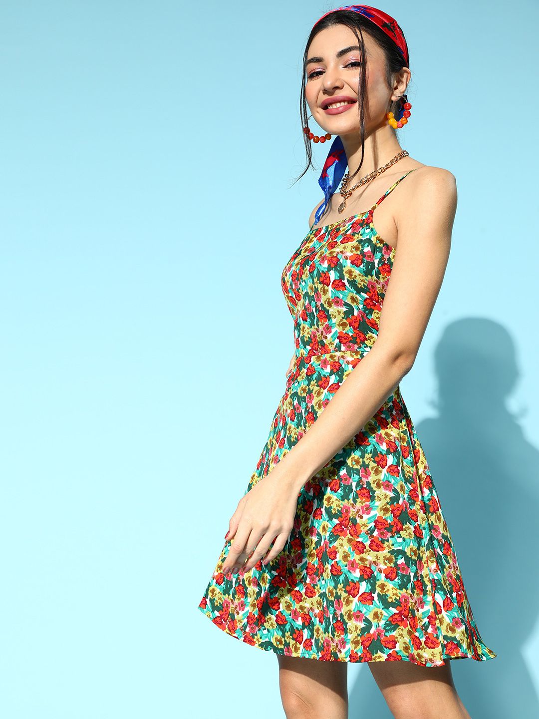Berrylush Red & Green Floral Printed Crepe A-Line Dress