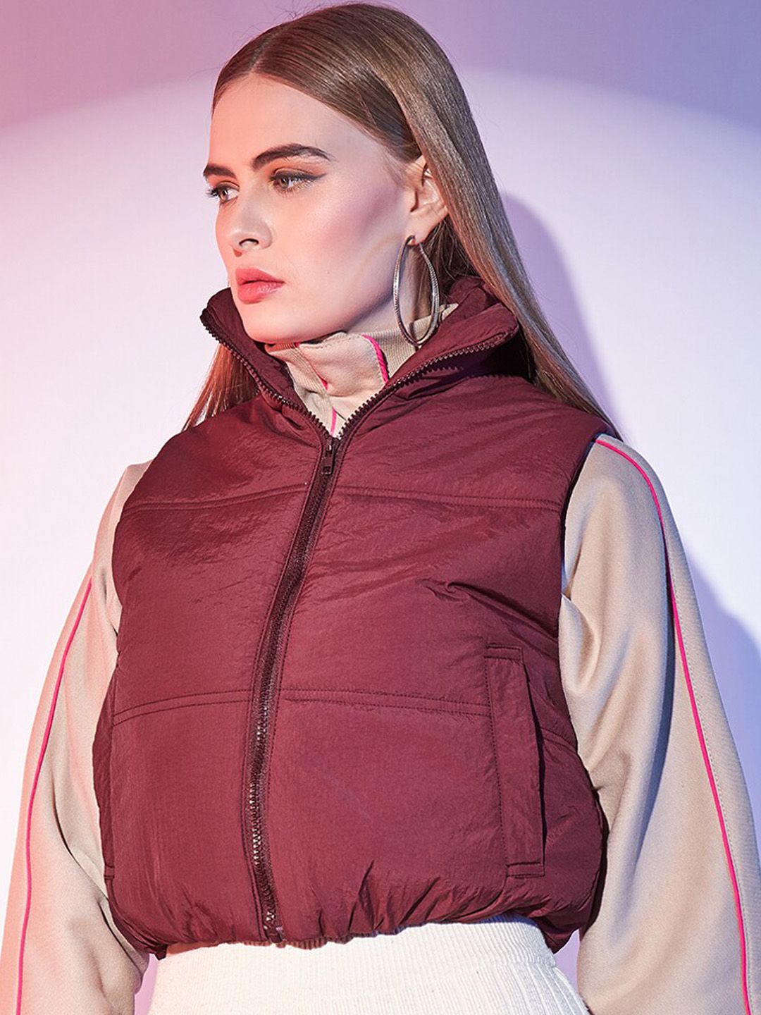 STREET 9 Maroon Stand Collar Lightweight Sleeveless Crop Puffer Jacket