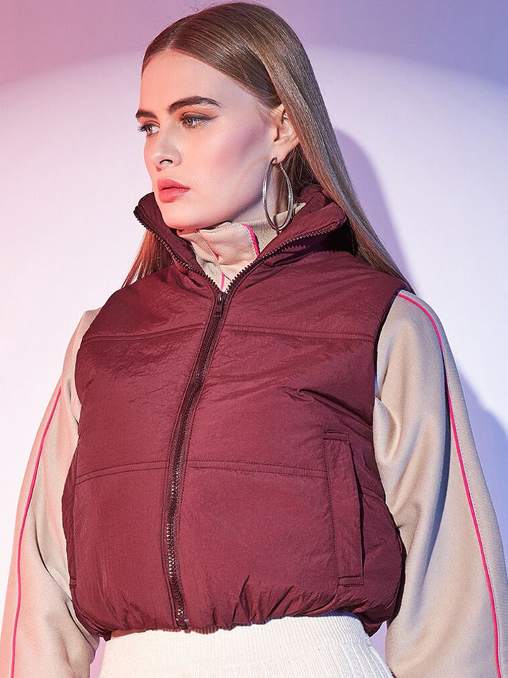 STREET 9 Maroon Stand Collar Lightweight Sleeveless Crop Puffer Jacket