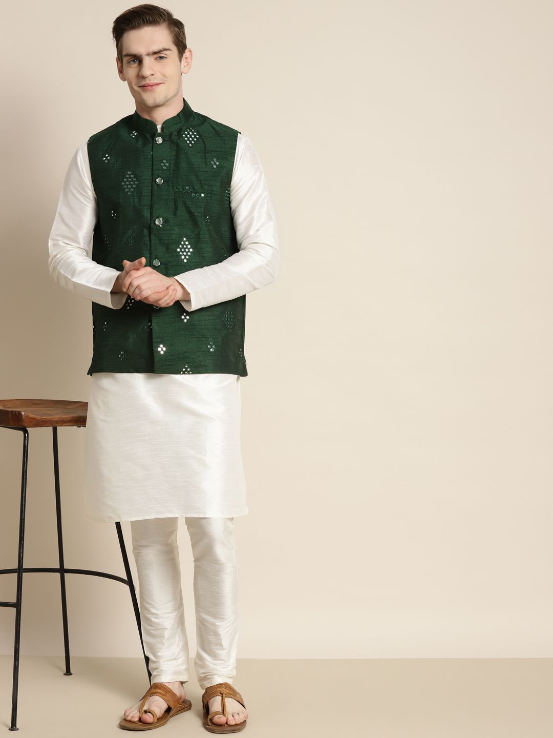 SOJANYA Men Off White Embroidered Mirror Work Kurta with Churidar