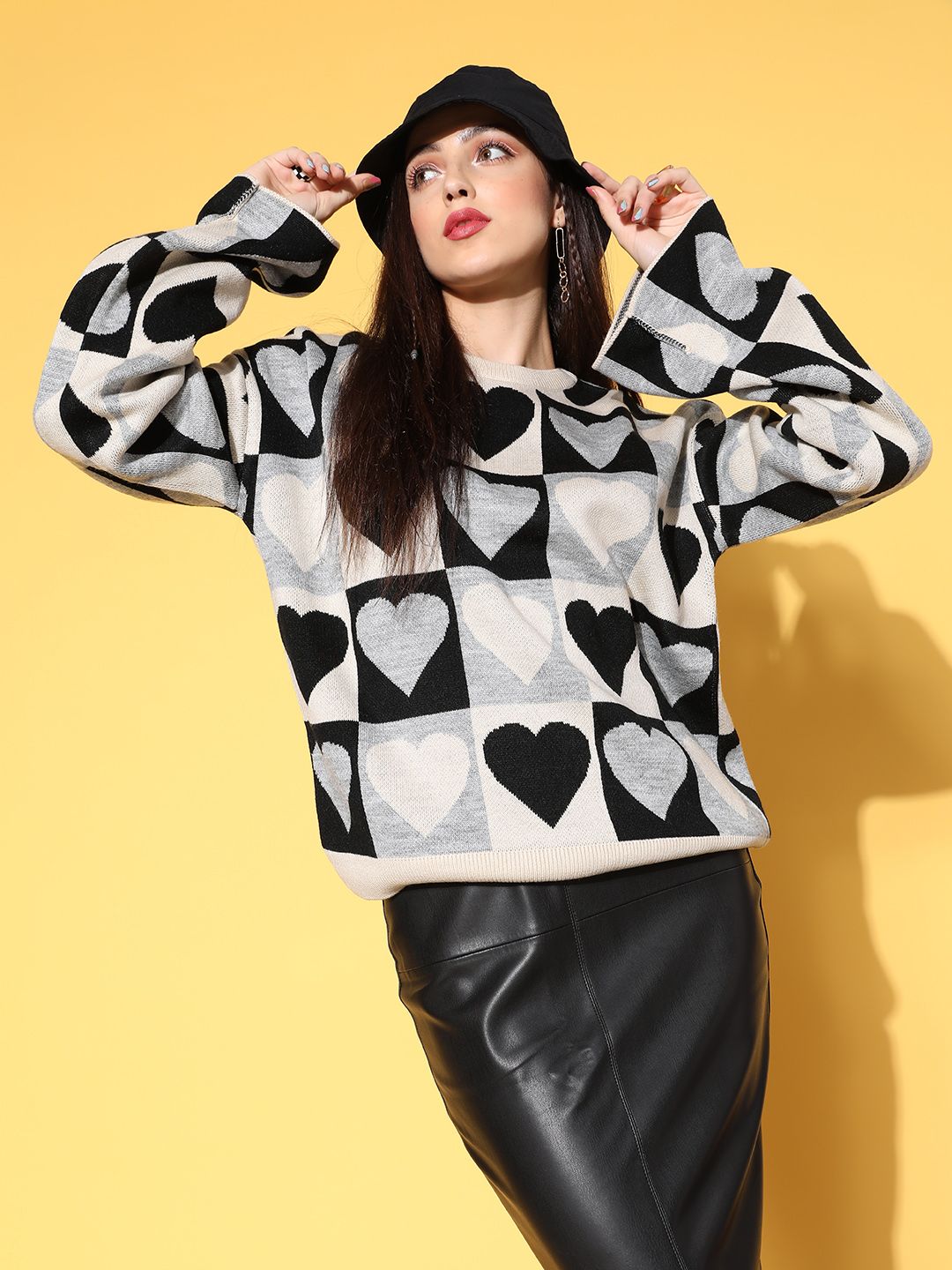 Berrylush Women Stunning Black Conversational Knits Bits Sweater