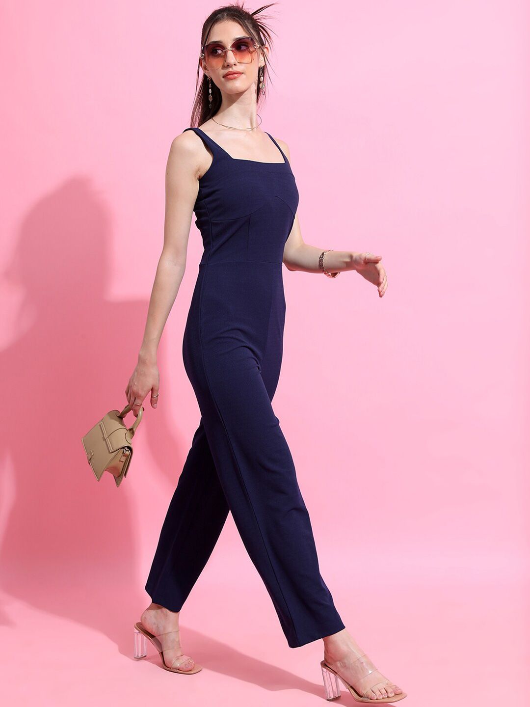 Tokyo Talkies Navy Blue Square Neck Basic Jumpsuit