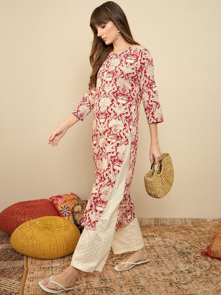 Indo Era Floral Printed Round Neck Straight Kurta