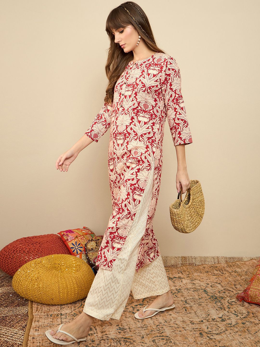 Indo Era Floral Printed Round Neck Straight Kurta