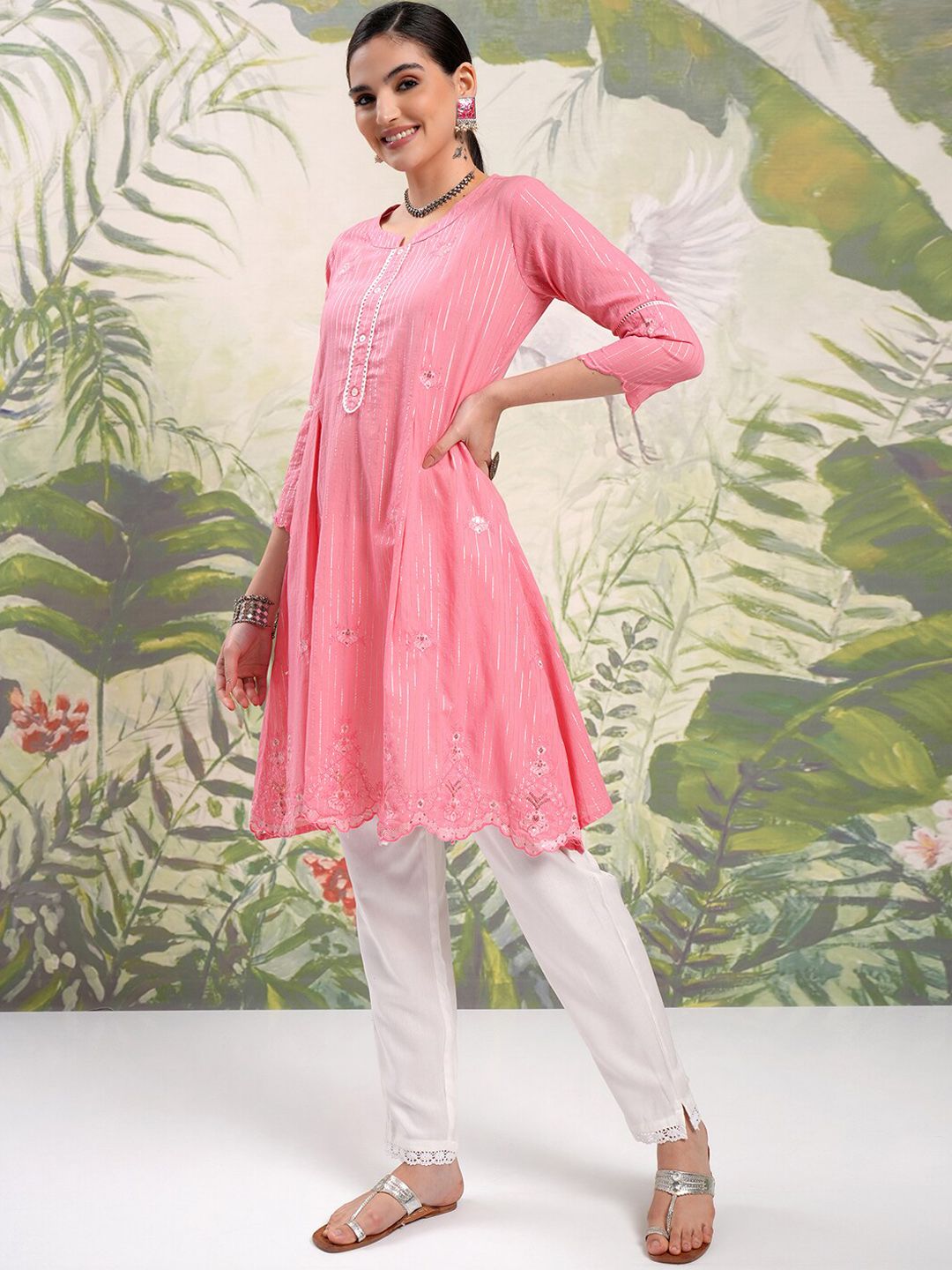 Vishudh Pink Floral Embroidered Thread Work Pure Cotton A-Line Kurta With Trousers