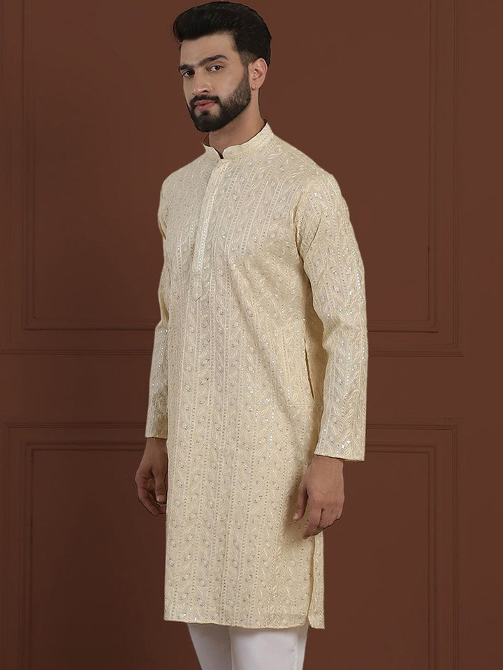 SOJANYA LUXE Bunga Sulam Labuci Mandarin Kolar Kapas Sutera Lurus Kurta