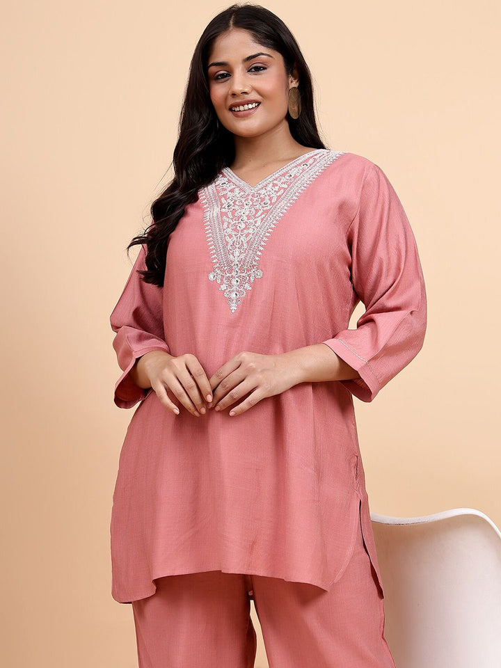 Bani Women Plus Size Etnic Motifs Embroidered V-Neck Tunic With Trousers