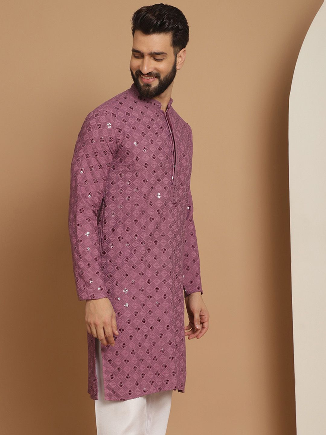 Anouk Men Purple Ethnic Motifs Flared Sleeves Thread Work Kurta