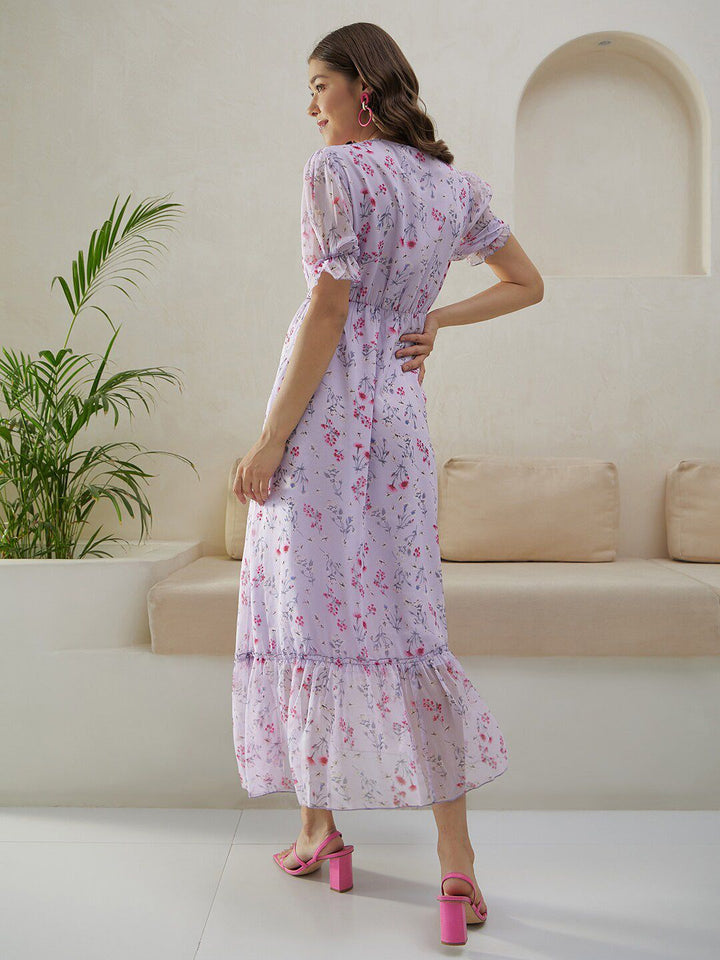 Berrylush Purple Floral Printed Tie-Up Neck Puff Sleeves Gathered A-Line Midi Dress