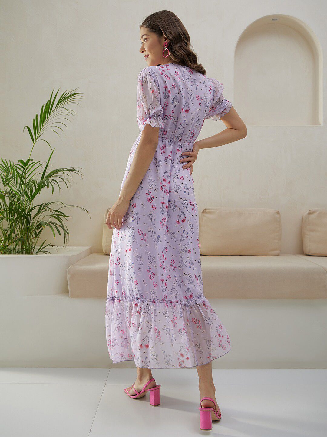 Berrylush Purple Floral Printed Tie-Up Neck Puff Sleeves Gathered A-Line Midi Dress