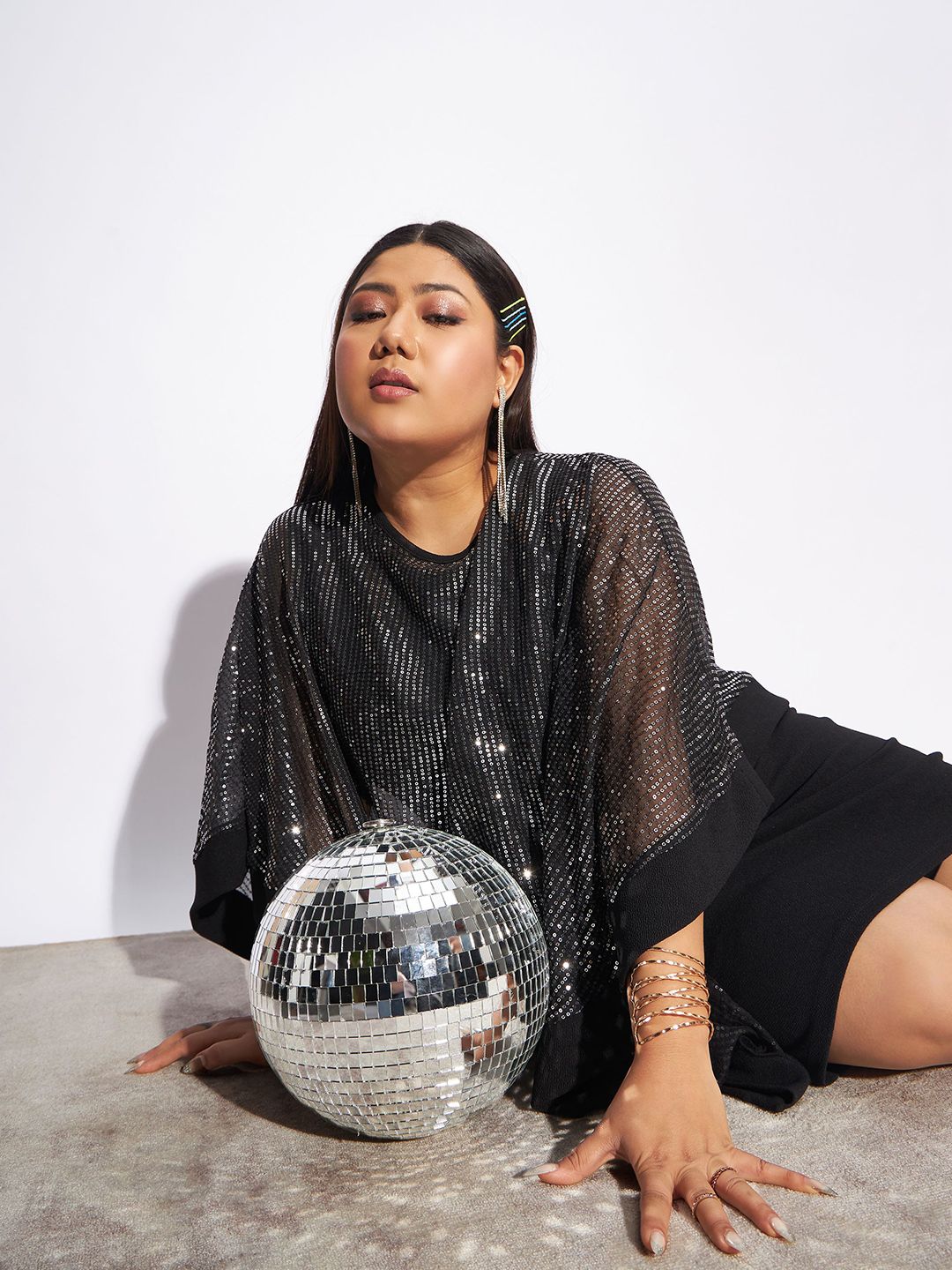 SASSAFRAS Curve Plus Size Black Cape Sleeves Sequinned Sheath Dress