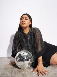 SASSAFRAS Curve Plus Size Black Cape Sleeves Sequinned Sheath Dress