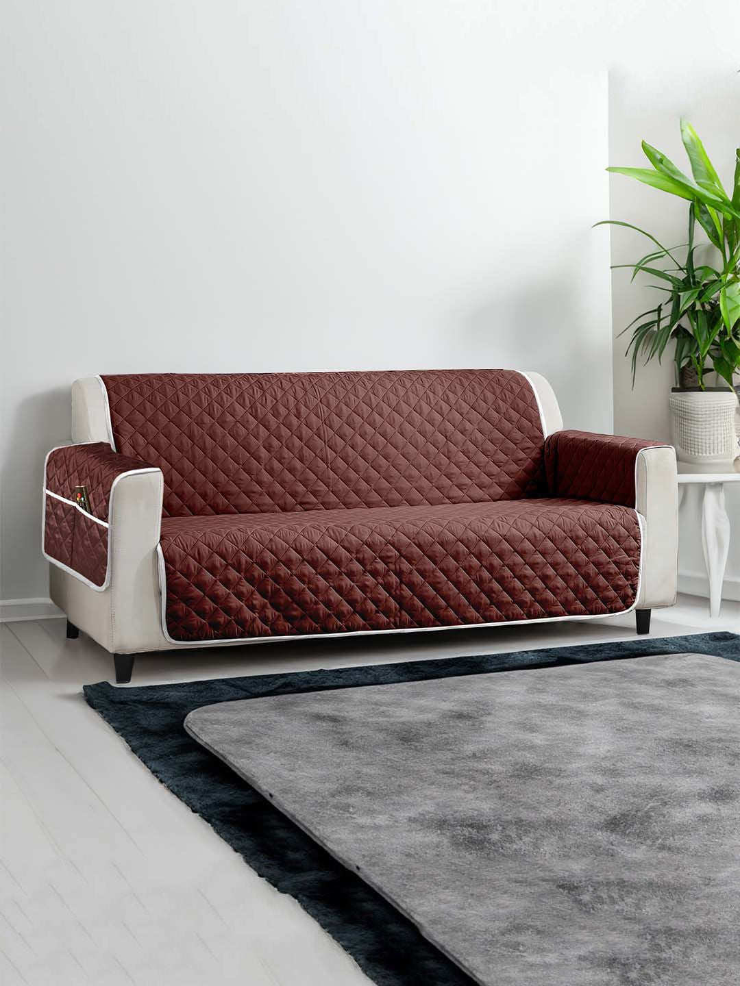 Cortina Brown & Grey Quilted 3 Seater Reversible Sofa Cover With Arms