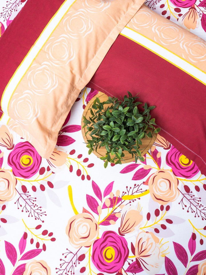 URBAN SPACE Divine Pink Floral 144 TC Pure Cotton Queen Bedsheet With 2 Pillow Covers