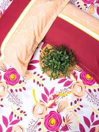 URBAN SPACE Divine Pink Floral 144 TC Pure Cotton Queen Bedsheet With 2 Pillow Covers