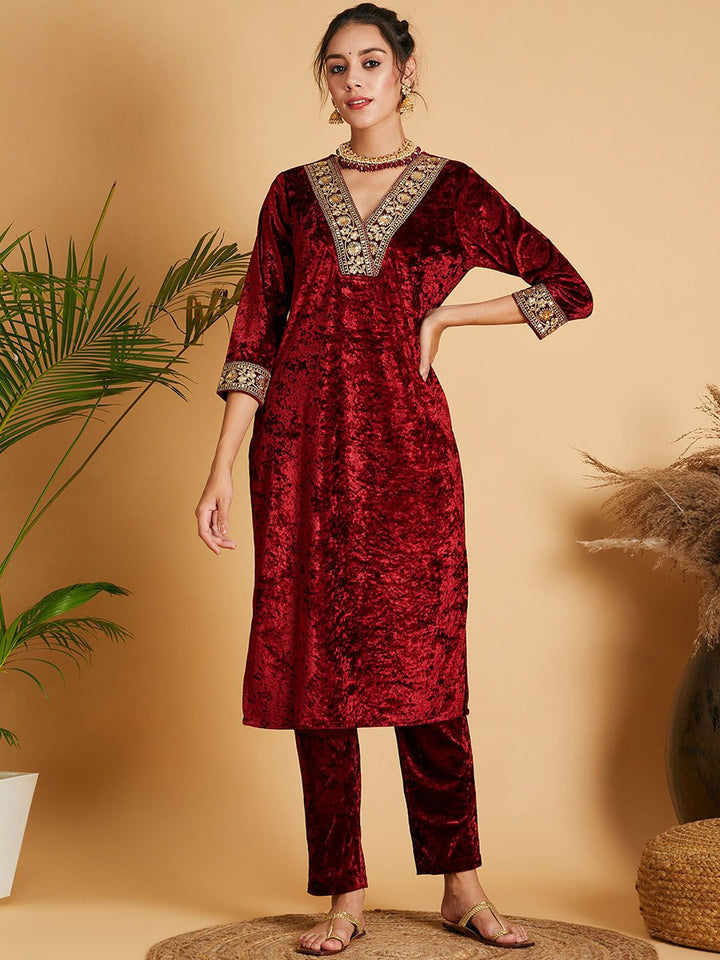 Shae by SASSAFRAS Maroon Floral Yoke Design Sequinned Velvet Straight Kurta