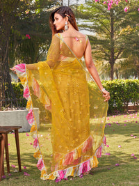 Tikhi Imli Yellow Embellished Mirror Work Net Ruffle Saree