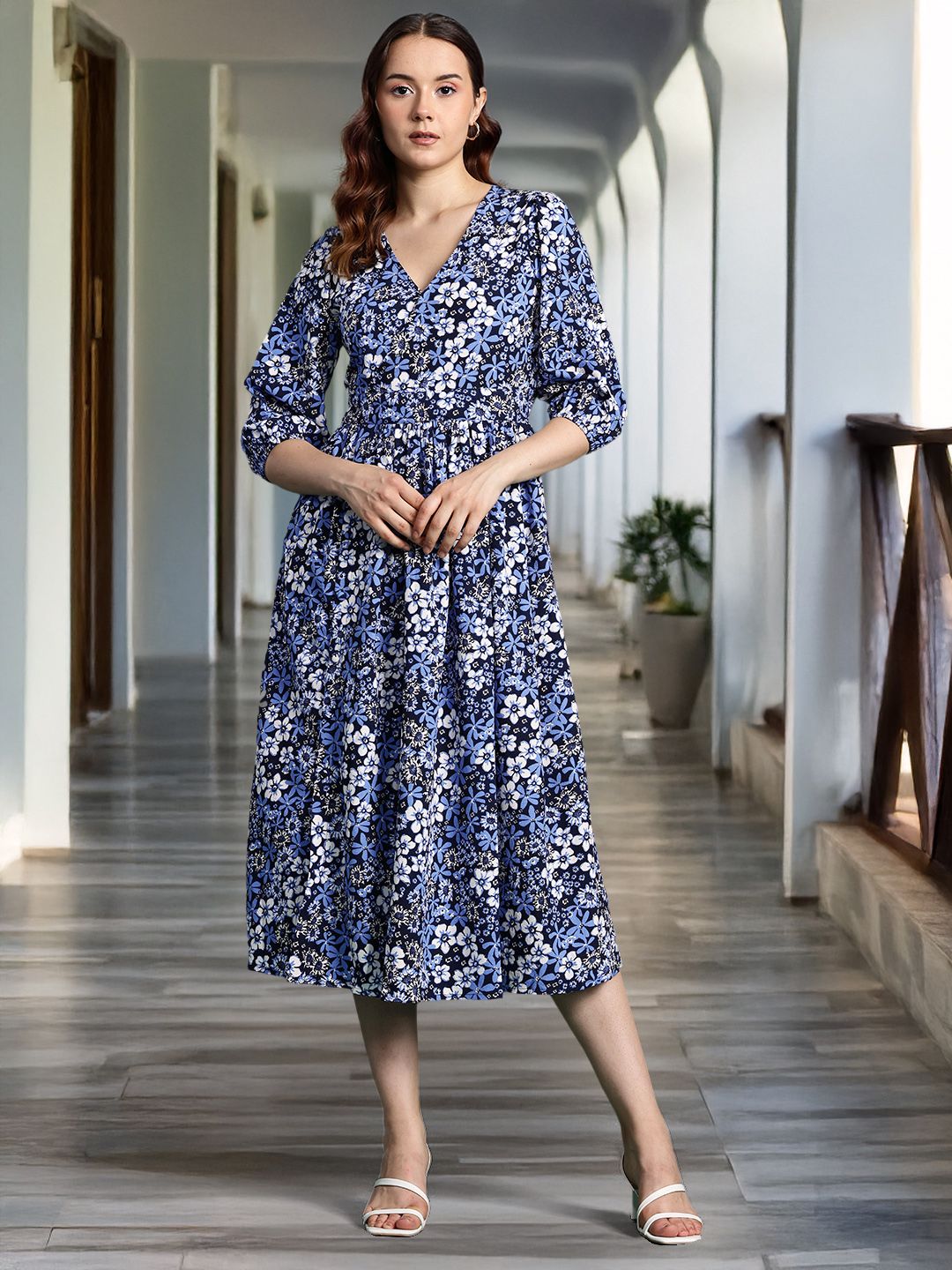 DressBerry Floral Print Puff Sleeve Midi Dress