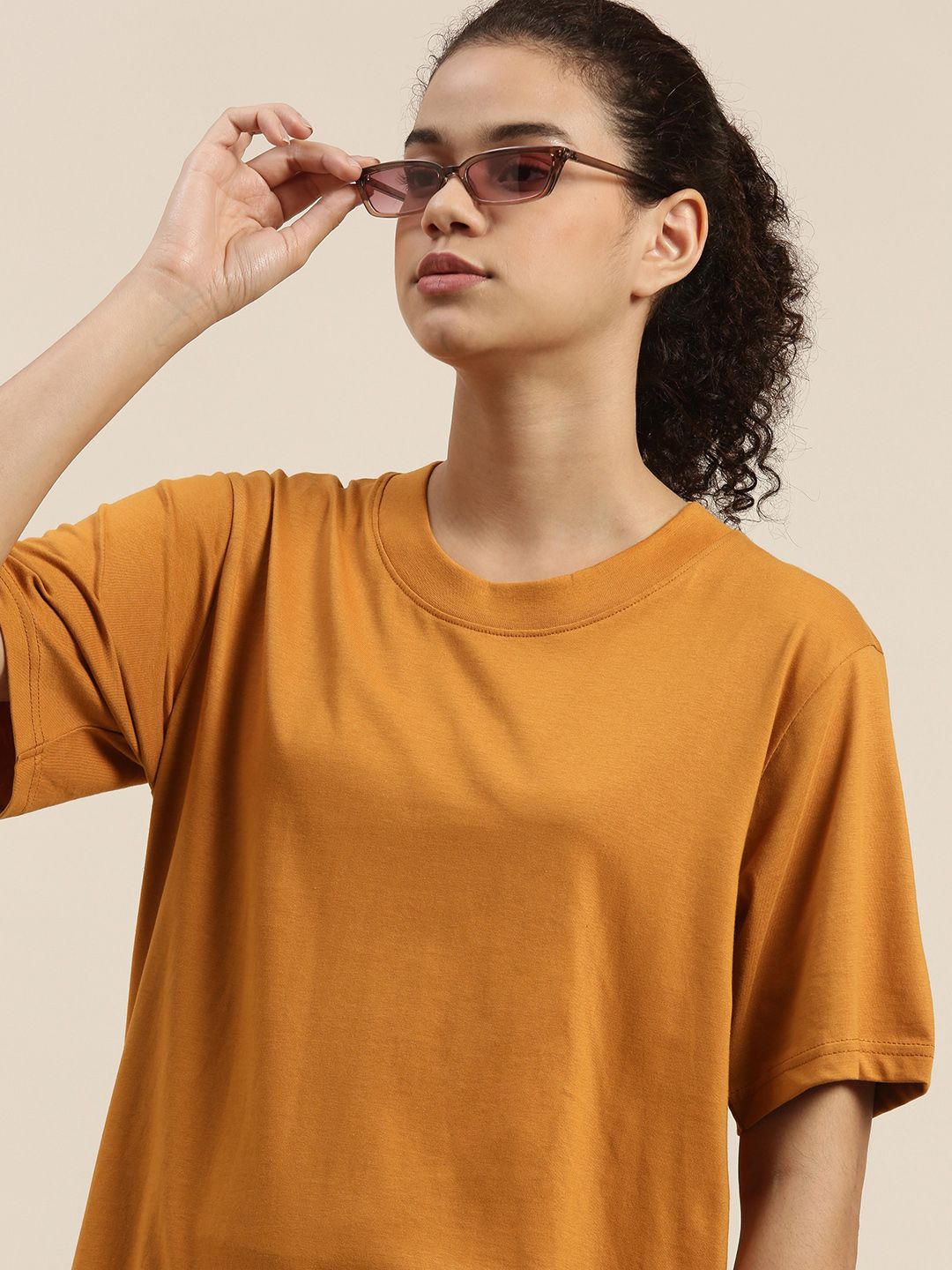 DILLINGER Women Mustard Yellow Pure Cotton Loose Pure Cotton T-shirt