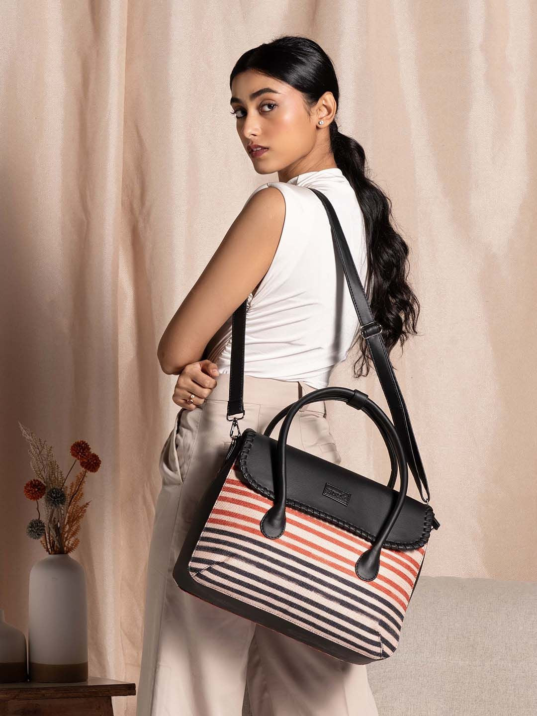 ZOUK Striped Structured Jute Handheld Bag