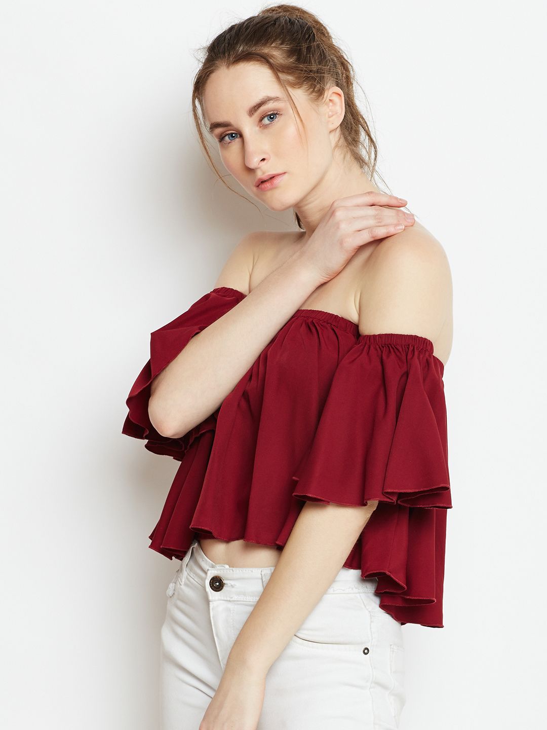 Berrylush Maroon Ruffled Bardot Top