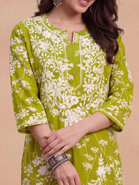 House of Chikankari Women Green Mulmul Chikankari Embroidered Republic Day Republic Day Kurta
