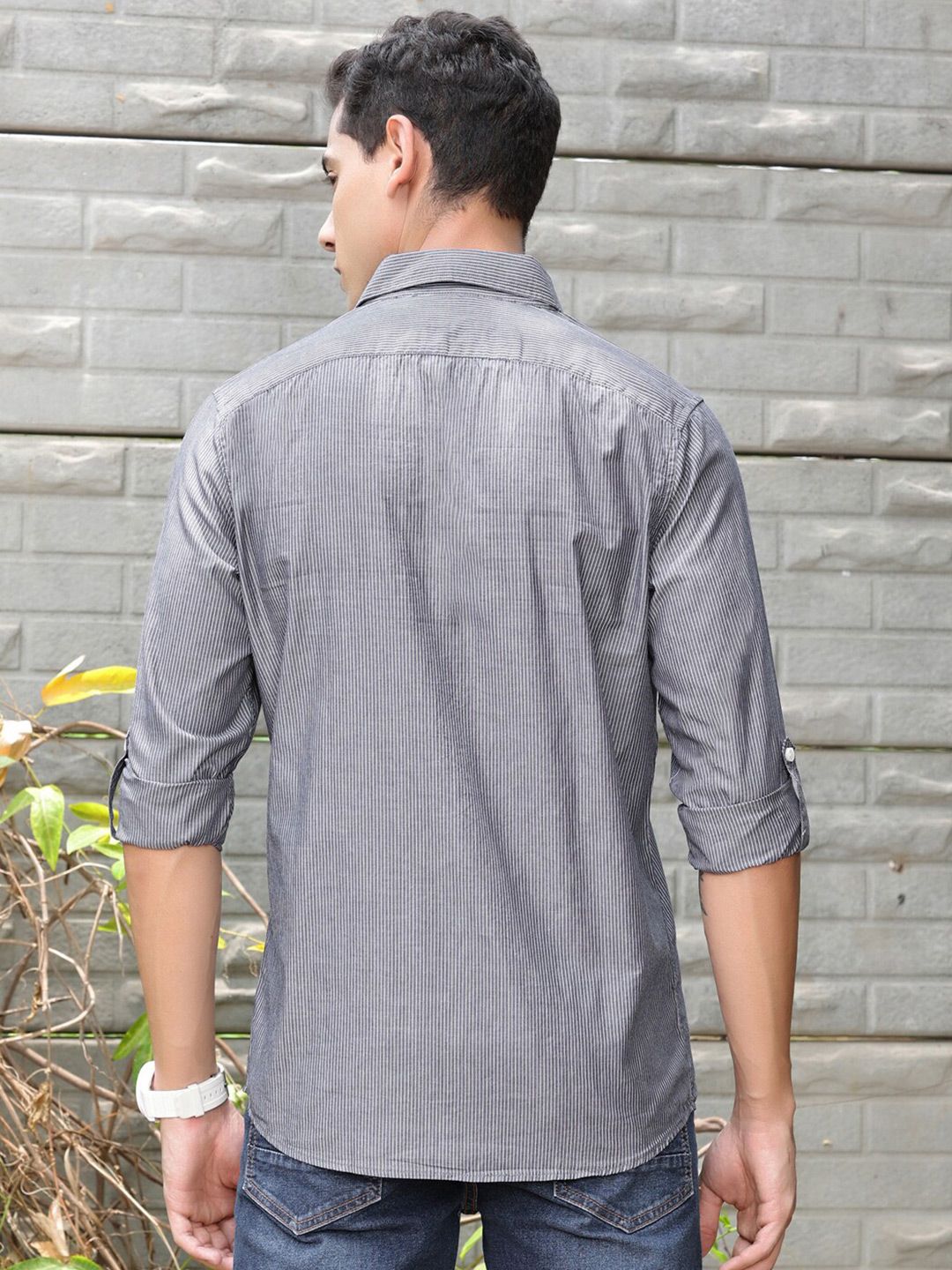 Thomas Scott Premium Fit Striped Spread Collar Roll-Up Sleeves Cotton Casual Shirt