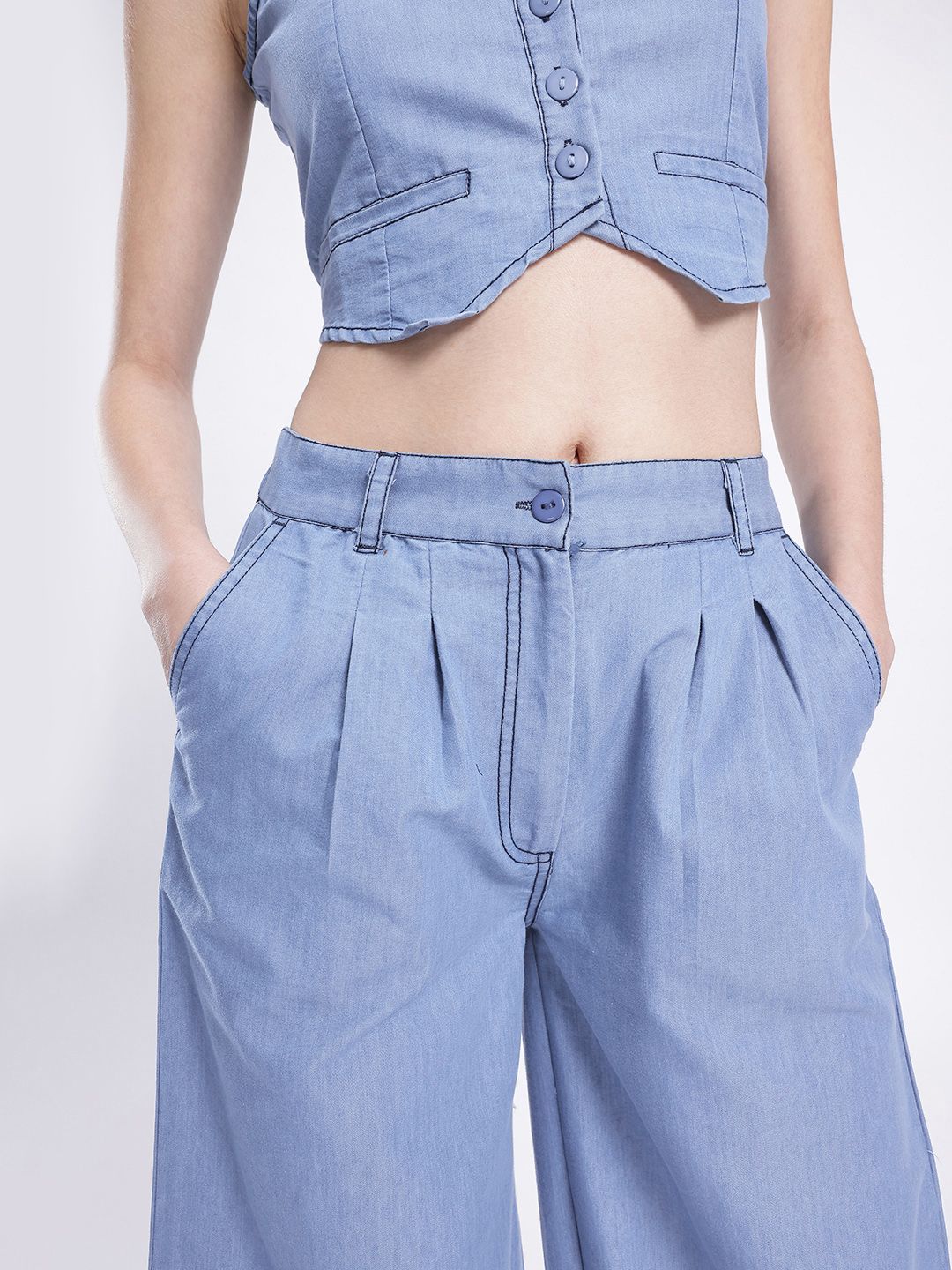 DressBerry Urban Chic Chambray Crop Waistcoat Top With Relaxed Trousers