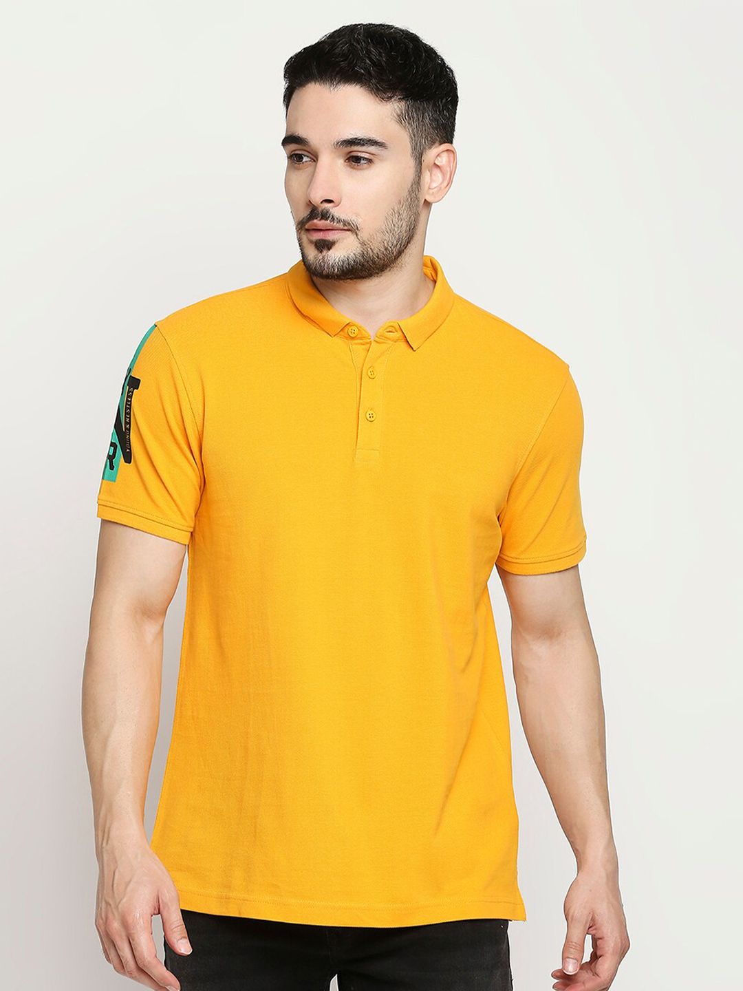 SPYKAR Men Yellow Polo Collar Applique Slim Fit T-shirt