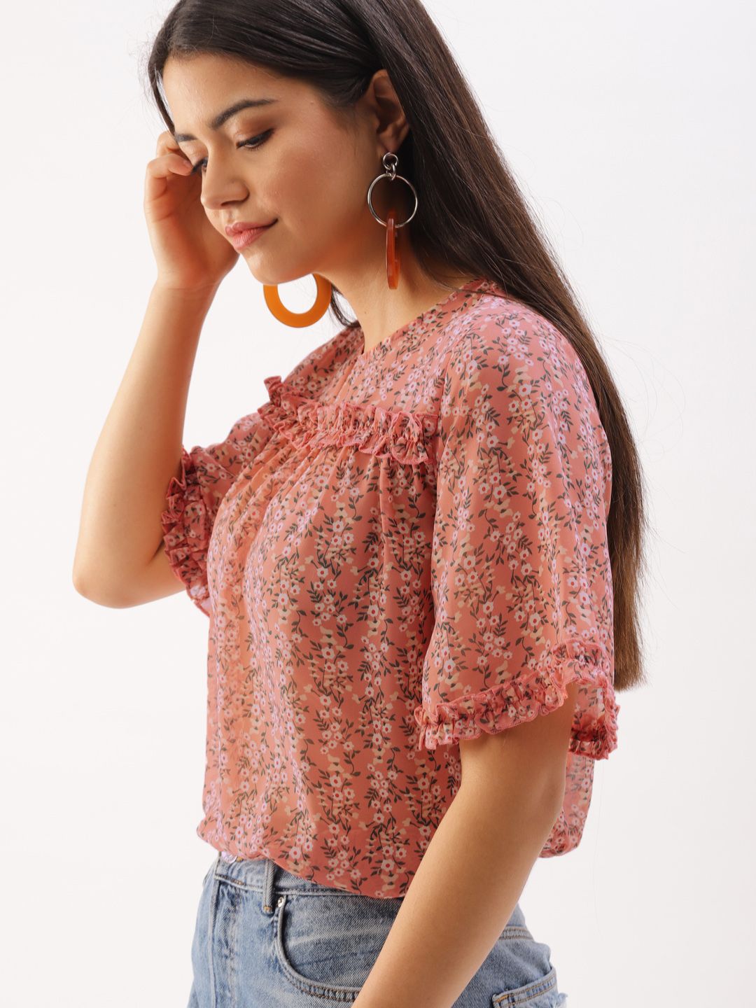 DressBerry Coral Pink Floral High-Low Top