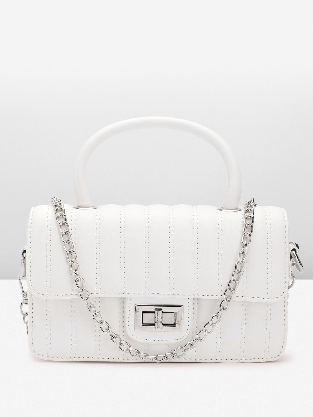 Lino Perros Women Striped Structured Satchel Bag with Quilted Detail