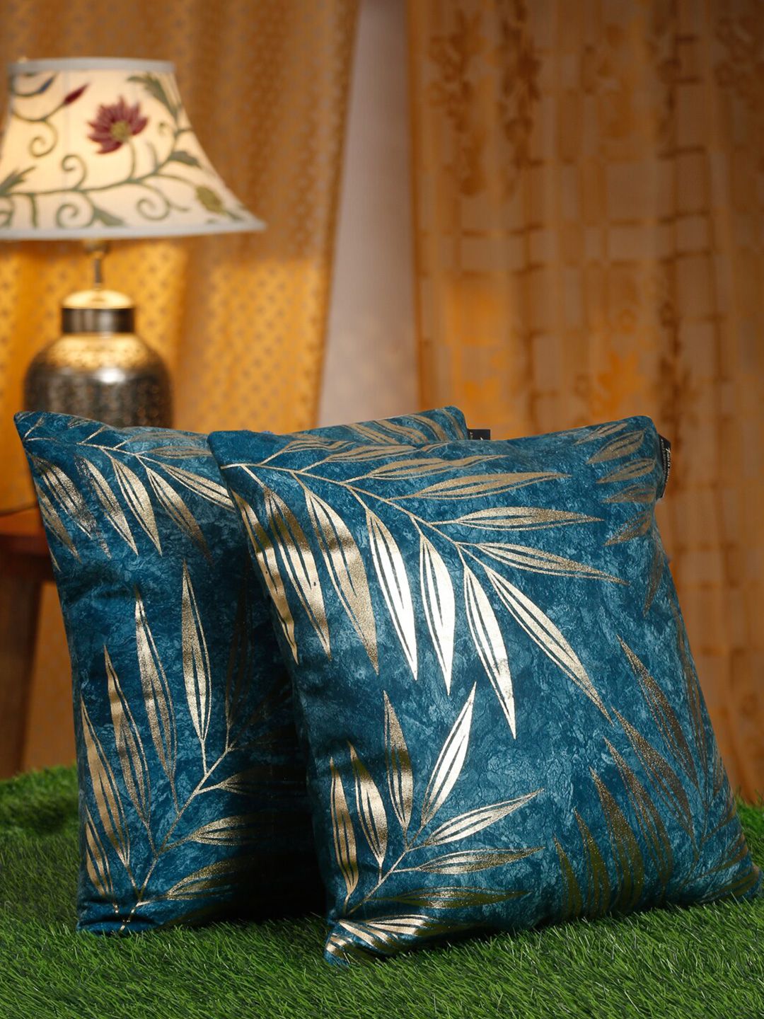 HOSTA HOMES Blue & Gold-Toned 2 Pieces Floral Velvet Square Cushion Covers