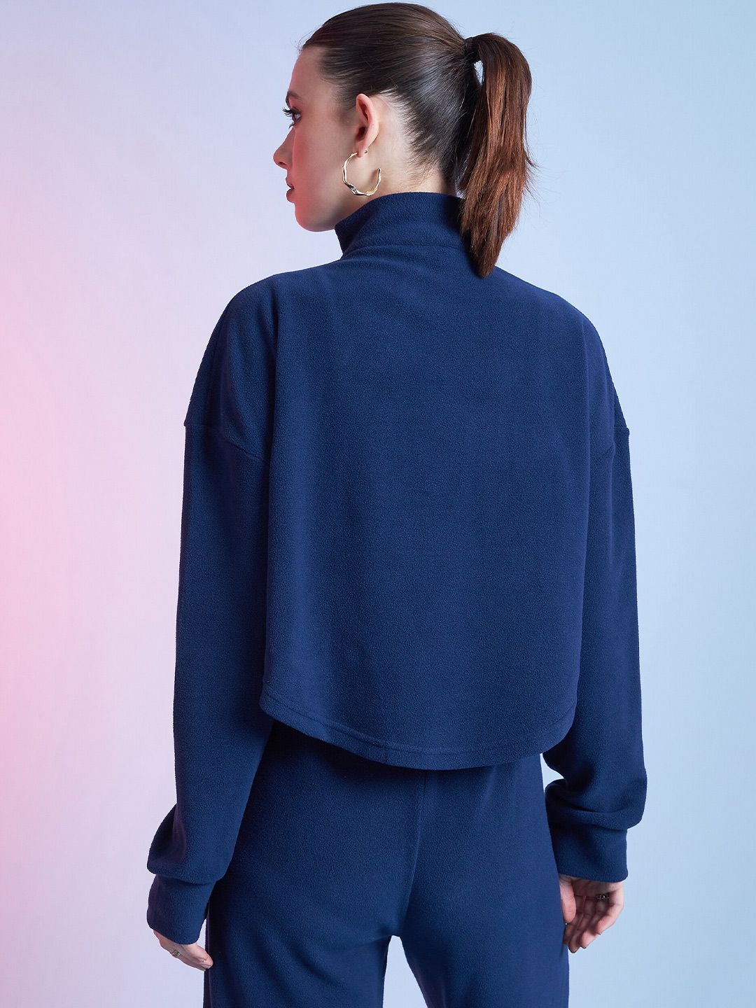 STREET 9 Navy Blue Mock Collar Crop Sweatshirt