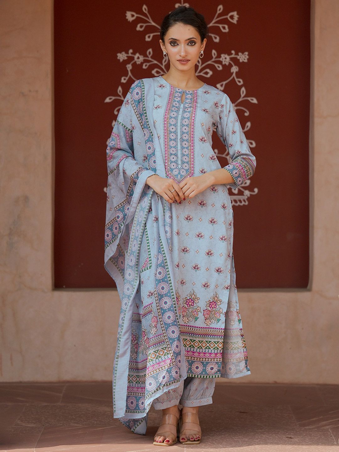 Libas Blue Floral Printed Keyhole Neck Straight Kurta With Salwar & Dupatta
