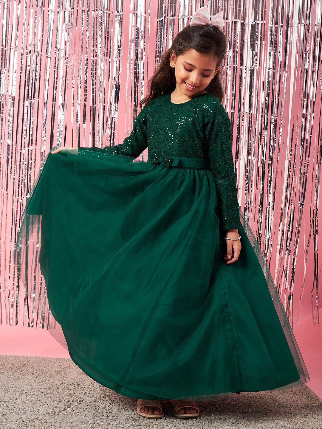 pspeaches Girls Embellished Sequinned Fit & Flare Lace Maxi Dress