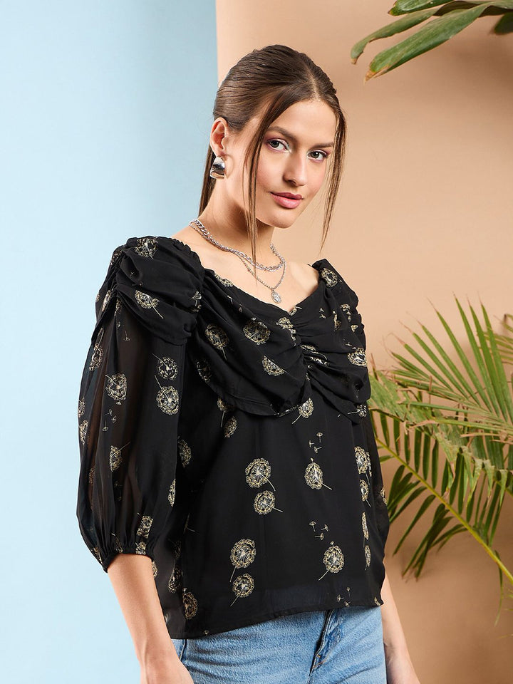 SASSAFRAS Floral Printed Puff Sleeve Tropical Georgette Top