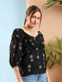 SASSAFRAS Floral Printed Puff Sleeve Tropical Georgette Top