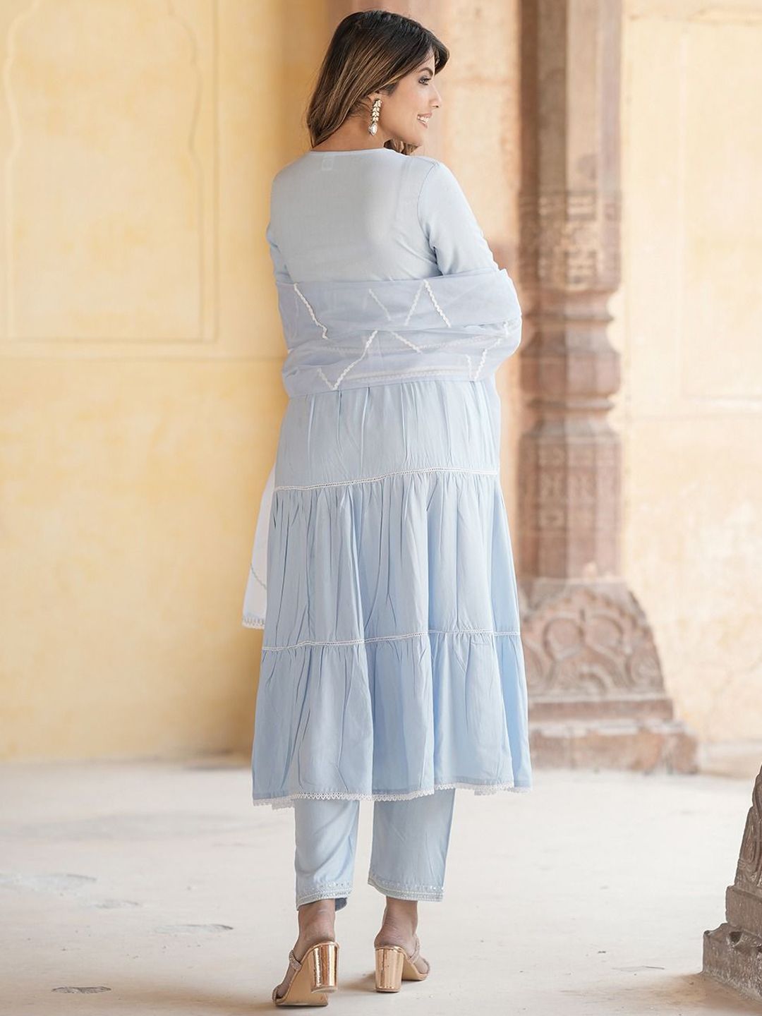 Kalini Geometric Yoke Design Mirror Work Cotton Pure Anarkali Kurta Trousers & Dupatta