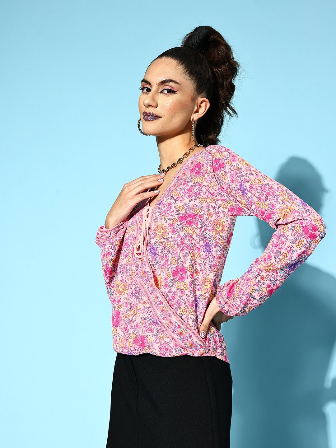 Berrylush Pretty Pink Floral Fluid Tie-Up Top