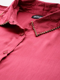 SASSAFRAS Women Pink Comfort Fit Satin Longline Party Shirt