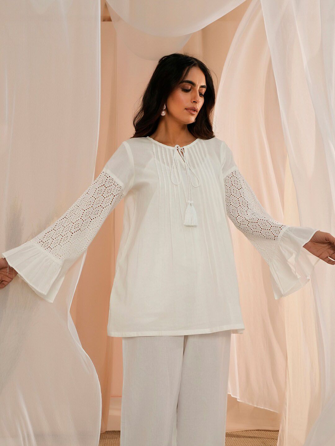 Libas Floral Schiffli Tie Up Neck Pure Cotton Tunic