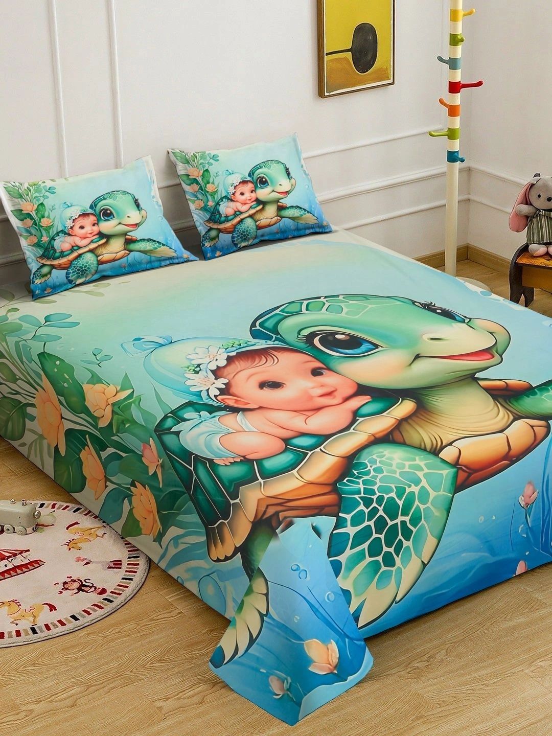 Moda Rapido X KLOTTHE Blue & Pink Cartoon Characters 400 TC Bedsheet with 2 Pillow Covers