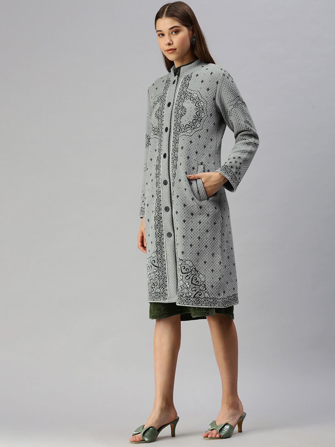 Global Desi Women Grey & Black Longline Parka Jacket