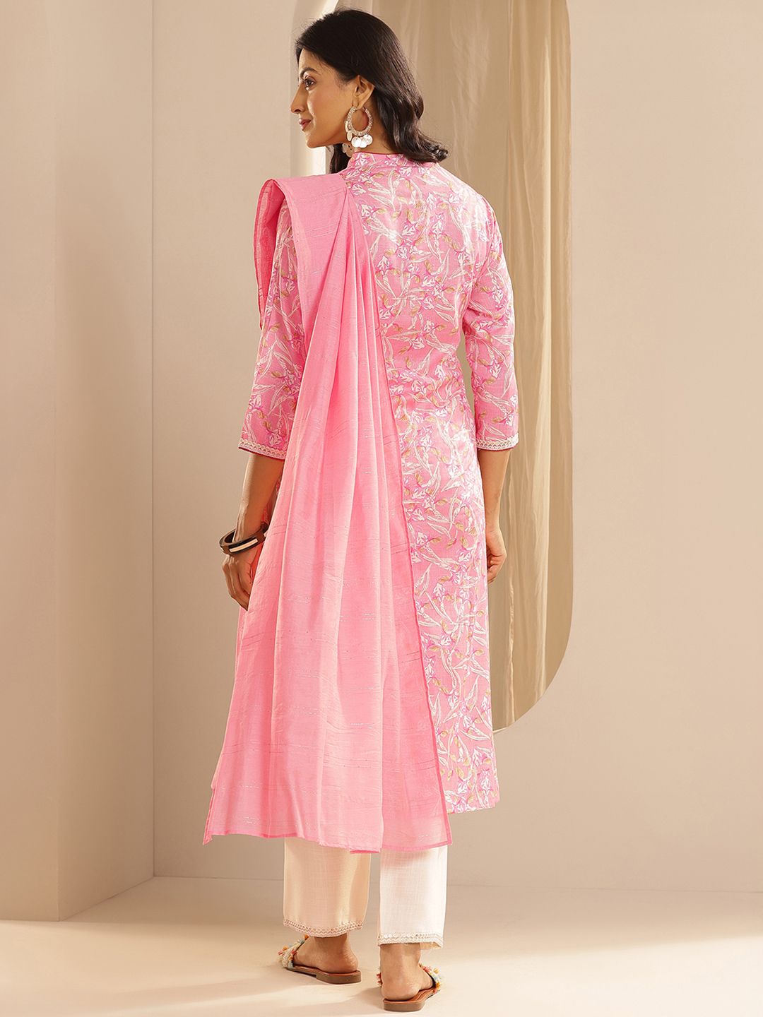 Libas Floral Printed Straight Sequinned Kurta with Trousers & Dupatta
