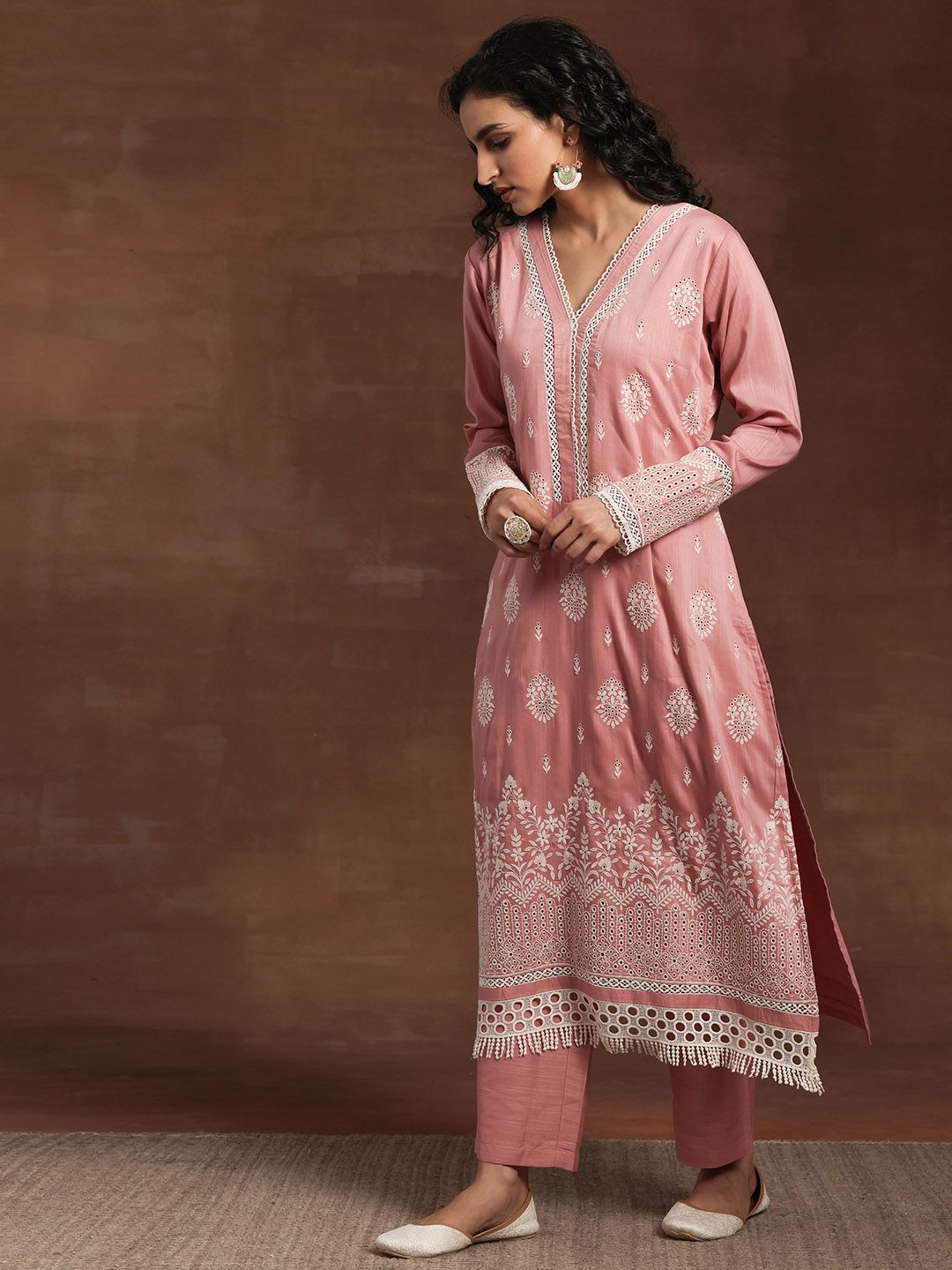 Libas Floral Embroidered V-Neck Long Sleeves Thread Work Kurta Set