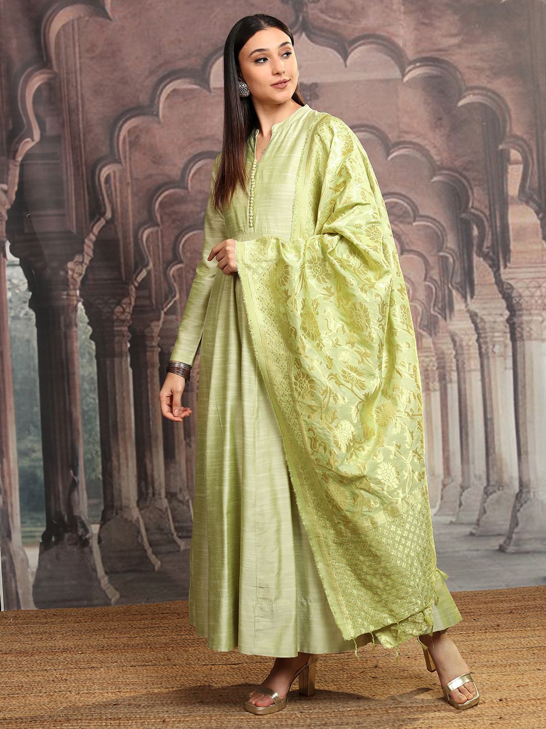 Vishudh Lime Green Mandarin Collar Gathered Or Pleated Cotton Maxi Dress With Dupatta